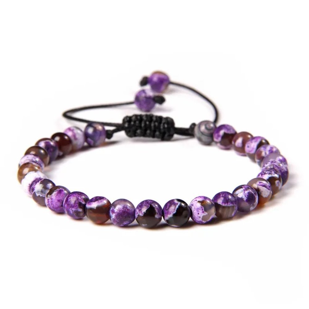 Unisex 6mm Purple Fire Agate Natural Stone Beaded Adjustable Rope Bracelet NEW